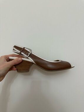 Franco Sarto Brown Slingback Block Heel Pumps with White Trim